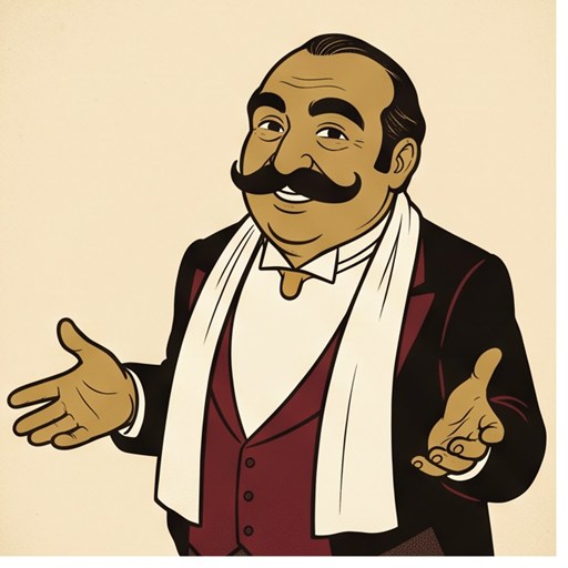 Nunzio, a moustachioed Italian gentleman in a bordeaux waistcoat and white scarf, arms spread in welcome